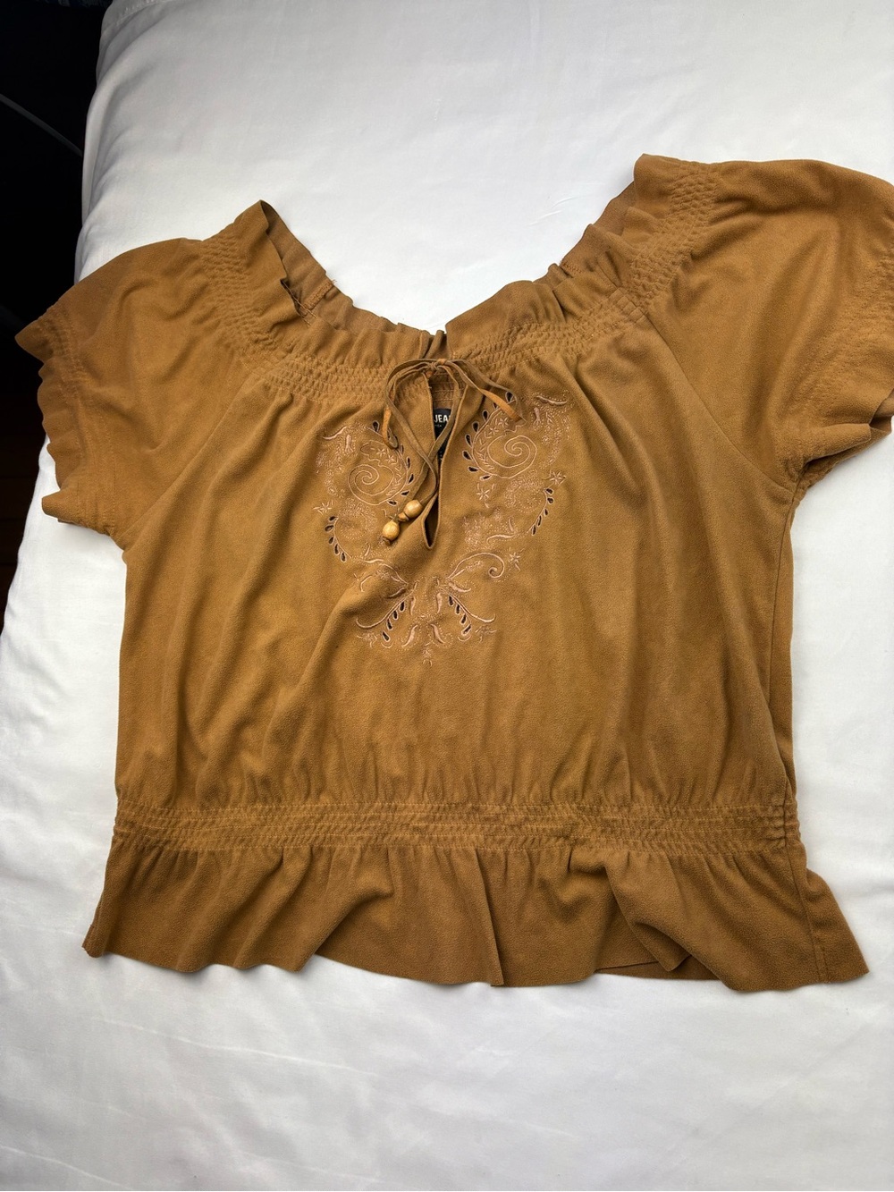 G by Guess Mustard Peasant Top with Embroidered Front